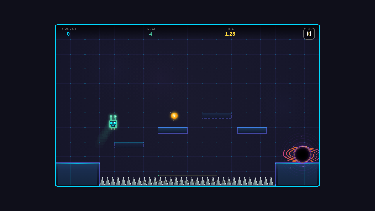 Pootal mid-jump between two platforms.